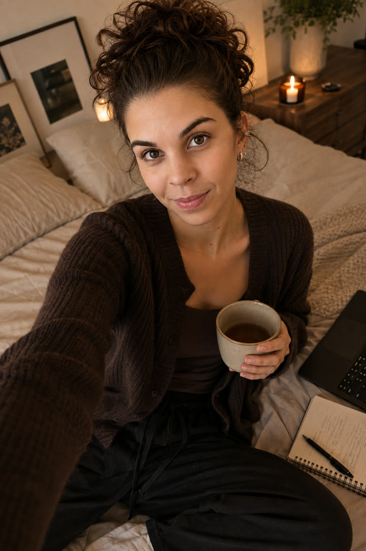 Cátia sentada na cama com uma caneca de chá e o portátil